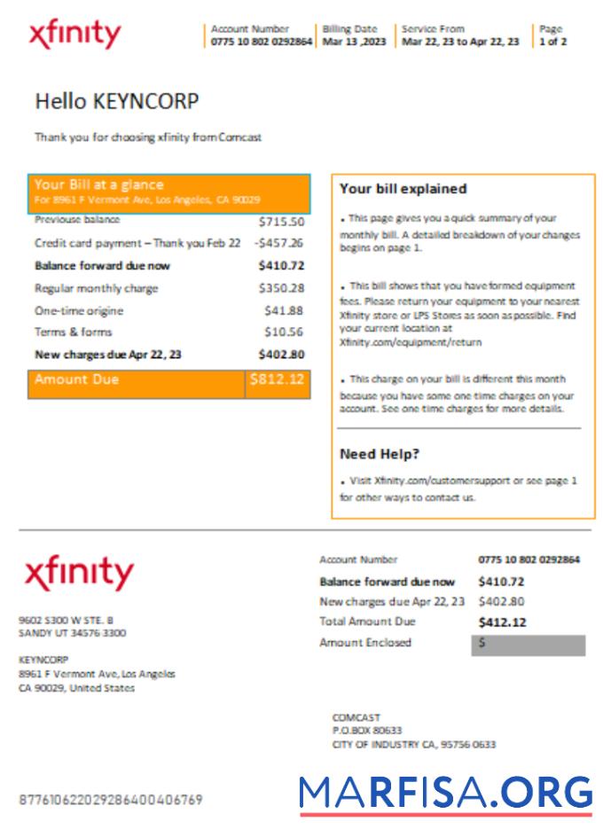 Downloadable San Francisco Xfinity Comcast utility business bill SCR page 1 real example